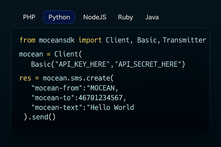 Python code example using Mocean’s SMS API to send instant messages